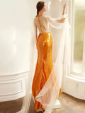 Sequin Trumpet Mermaid Orange Halter Prom Dress