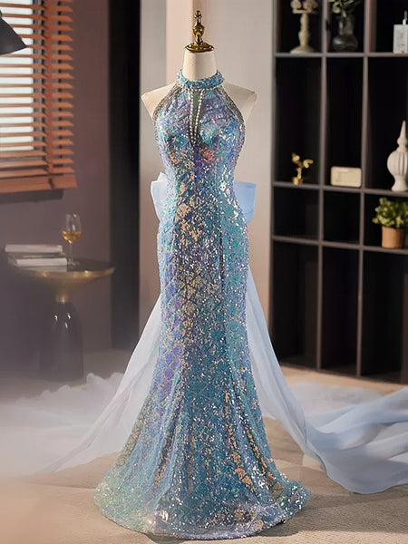 holographic mermaid prom dress Sparkly Sequin Mermaid Prom Dresses Organza Bow Train Halter Neck 90018 Blue / US10
