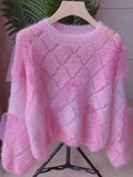 Organza Bows Pearls Stylish Pink Sweater