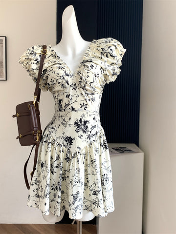 Puffed Sleeves Ruched Floral V-Neck Mini Dress