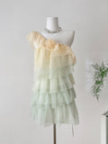 Gradient Colored Ruffled Tulle Mini Dress