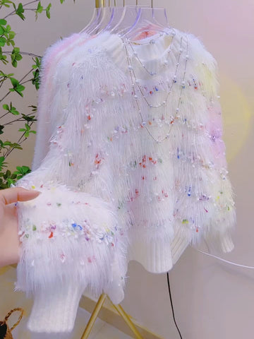 Bright Bead Fringe Texture White Sweater