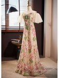Cap Sleeve Flower Print Tulle Beading Sweetheart Prom Dress
