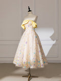 Off The Shoulder Tea Length Floral Yellow Prom Dress