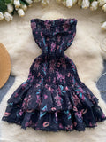 Ruffled Hem Vibrant Print Floral Smocked Summer Dress