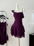 Chiffon Skirt Purple Ruched Bodice Dress