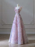 Pink Floral Straps A Line Princess Prom Dress