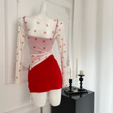 Trendy Two-Piece Red Bow Mesh Top Red Skirt Dress