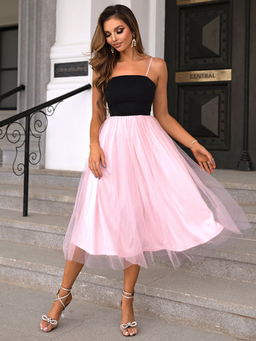 Elegant Black Bodice Pink Dress