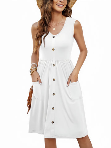 Pockets Button-Front Midi Summer Dress