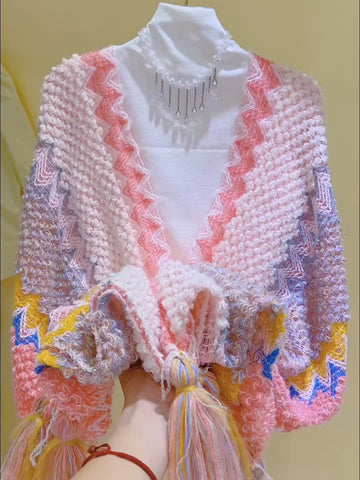 Vibrant Chevron Tassel Fit Knit Sweater