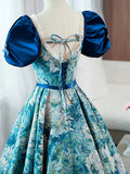 Blue Floral Short Sleeves Ball Gown Prom Dress