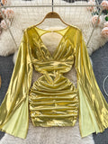 Shimmering Gold Ruched Dress with Statement Sleeves