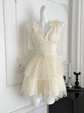 Sheer Puff Sleeves & Polka Dot Tulle Chic Short Dress