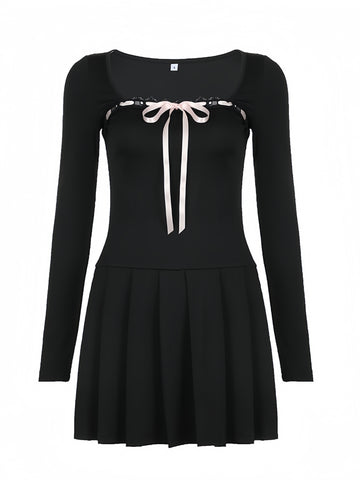 Enigmatic Black Pleated Skater Dress