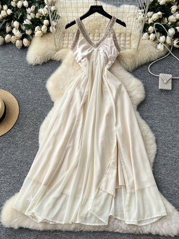 Criss Cross Halter Straps Luxurious Cream Colored Dress