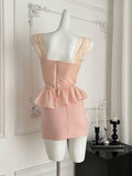 Ruffled Peplum Top Fitted Skirt Pink Outfit