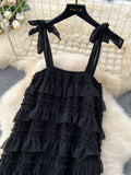 Tiered Ruffles Bow Tied Straps Black Maxi Dress