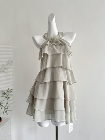 Soft Beige Halter Sleeveless Ruffled Mini Dress