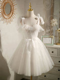White Tulle Appliques Bow Homecoming Dress