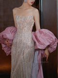 Strapless Pink Sequin Mermaid Detachable Puffy SleeveProm Dress