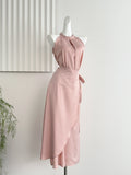 Keyhole Neck Adjustable Wrap Waist Satin Midi Dress