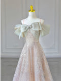 Sequin Tulle Pink Off The Shoulder Bow Prom Dress