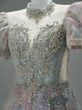 Sweetheart Sequin Puffy Sleeve A Line Prom Dress