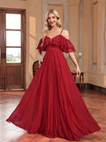 Off The Shoulder Ruffles Burgundy Sequin Prom Dress