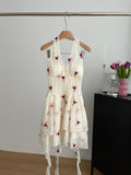 Vibrant Red Floral Motifs Halter Top Ivory Dress