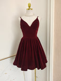 Short Mini A Line Velvet Burgundy V Neck Homecoming Dress