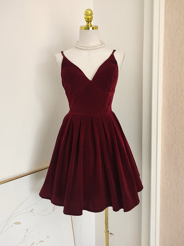 Short Mini A Line Velvet Burgundy V Neck Homecoming Dress