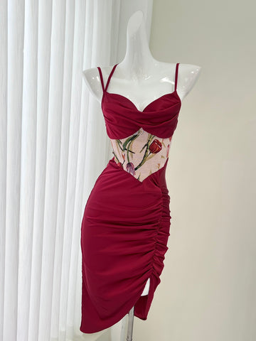 Asymmetric Floral Burgundy Bodycon Dress