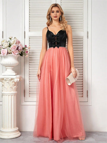 A Line Pink V Neck Bow Tulle Prom Dress