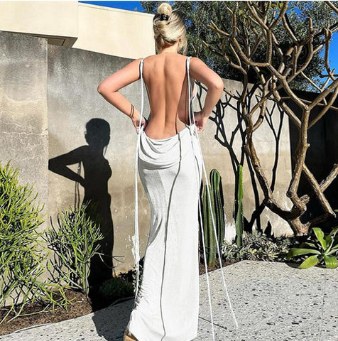 Dramatic Open Back Chic White Maxi Dress