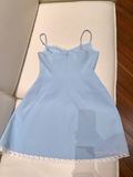 Bow Spandex Spaghetti Straps Blue Beading Homecoming Dress