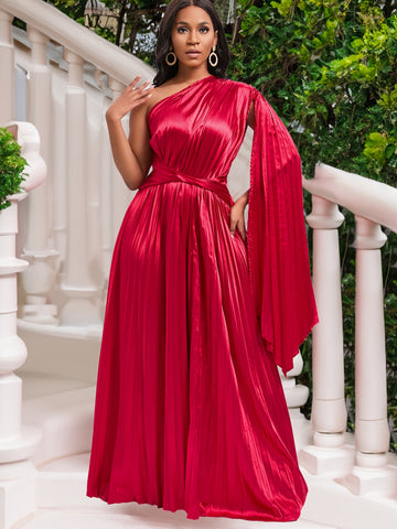 Red One Shoulder Pleats A Line Party Dress