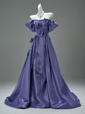 Off The Shoulder Flowers Deep Purple Satin Prom Dress