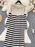 High Collar Black White Striped Midi Dress