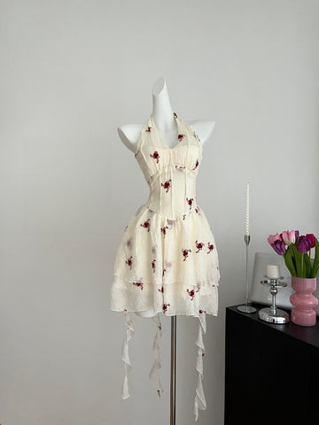 Vibrant Red Floral Motifs Halter Top Ivory Dress