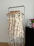 Vibrant Red Floral Motifs Halter Top Ivory Dress