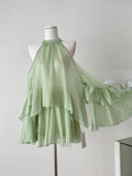Mint Green Flowy Tiered Style Sheer Halter Dress