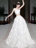 Flowers Tulle A Line Two Piece Square Wedding Dress