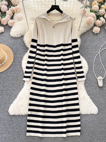 High Collar Black White Striped Midi Dress