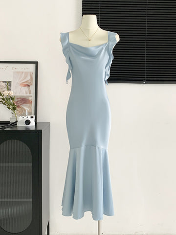 Cowl Neckline Sky-Blue Bodycon Party Dress