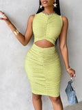 High-Neck Green Ruched Midi Dress