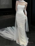 Ruched Trumpet Mermaid Simple Tulle Strapeless Wedding Dress