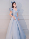 Blue Satin Beading Square Neck A Line Puffy Sleeve Prom Dress