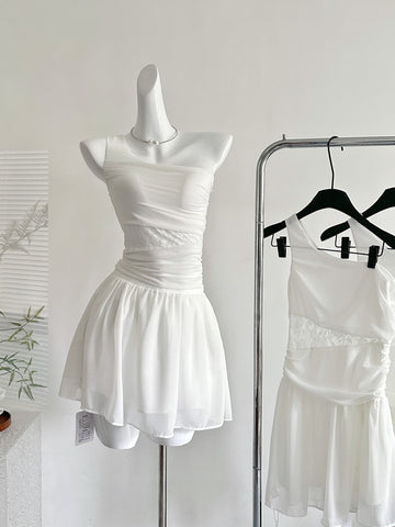 Lace Ruched One Shoulder White Mini Dress