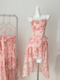 Layers Asymmetrical Pink Floral Strappy Dress